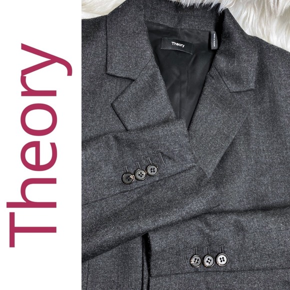 THEORY Treeca Virgin Wool Flannel Gray Double Breasted Blazer Pants Suit Set , 6 - Picture 10 of 16
